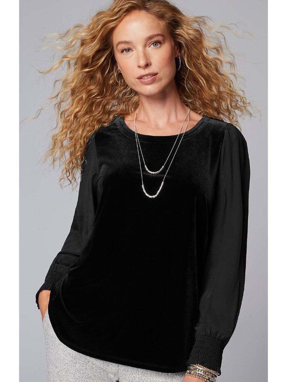 NWT J. Jill Womens Size Medium TALL MT Black Mixed Media Stretch Velour Top NEW
